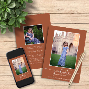Faire-part Terracotta Moderne Élégant Script Graduation Photo