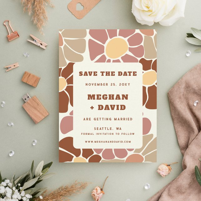 Faire-part Terracotta Retro Super Boho Chic Enregistrer La Da (Terracotta Retro Groovy Boho Chic Save The Date Announcement)