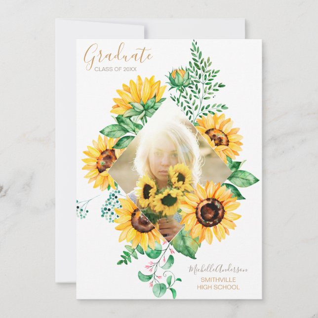 Faire-part Tournesol Floral Gold Photo Graduation (Devant)