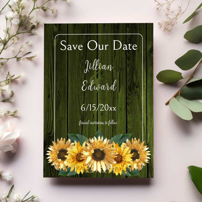 Faire-part Tournesol Vert Rustique Sauvez La Date (Rustic Green Sunflower Save the Date)
