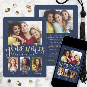 Faire-part Triple Graduation Photo Collage Marine & Gold Join