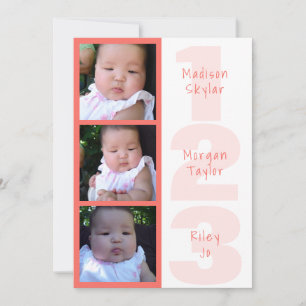 Faire-part Triplets de corail simple 1 2 3 Collage photo