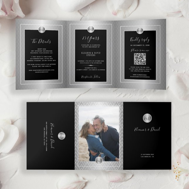 Faire-part Trois Volets 25e anniversaire mariage photo argent QR RSVP (Créateur téléchargé)