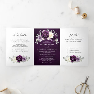 Faire-part Trois Volets Aubergine prune ivoire blanc floral mariage Tr