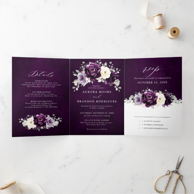 Faire-part Trois Volets Aubergine prune ivoire blanc floral Tr mariage (Intérieur)