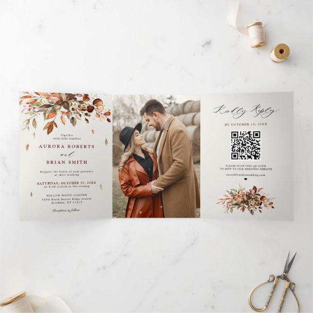 Faire-part Trois Volets Automne Feuilles Russe Pays Boho Mariage (Intérieur)