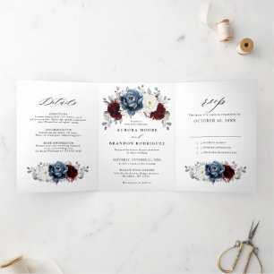 Faire-part Trois Volets Bleu ardoise Bourgogne Blanc Ivoire Floral Mariage