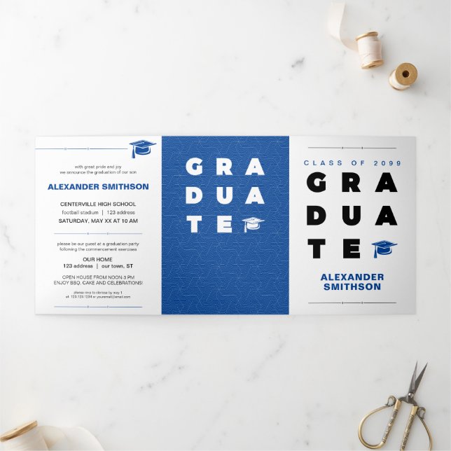 Faire-part Trois Volets Bleu Gras Lettres et Casquette (Extérieur)