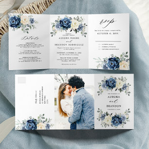 Faire-part Trois Volets Bleu Poussiéreux Champagne Ivoire Floral 