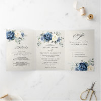 Bleu Poussiéreux Champagne Ivoire Floral Tri-Pli
