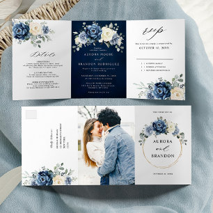 Faire-part Trois Volets Bleu Poussiéreux Nuit Champagne Ivoire Floral  Tri