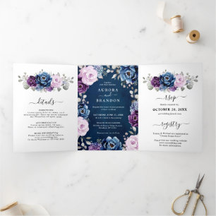 Faire-part Trois Volets Bleu Poussiéreux Violet Navy Lilac Fleurs Mariage 