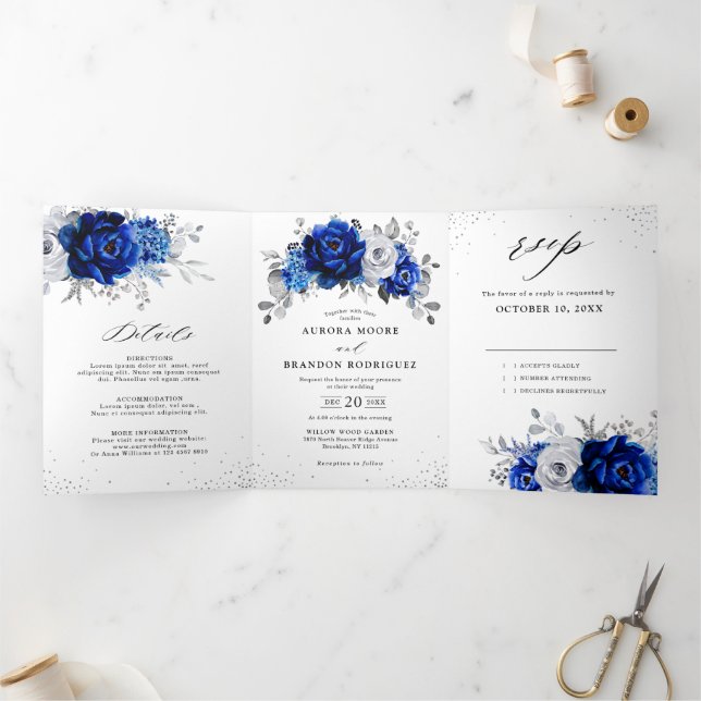 Faire-part Trois Volets Bleu Royal Blanc Métallisé Argent Floral Tr (Intérieur)