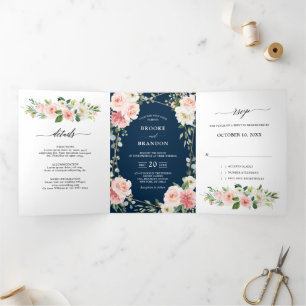 Faire-part Trois Volets Blush Marine Floral or Mariage botanique géométriq