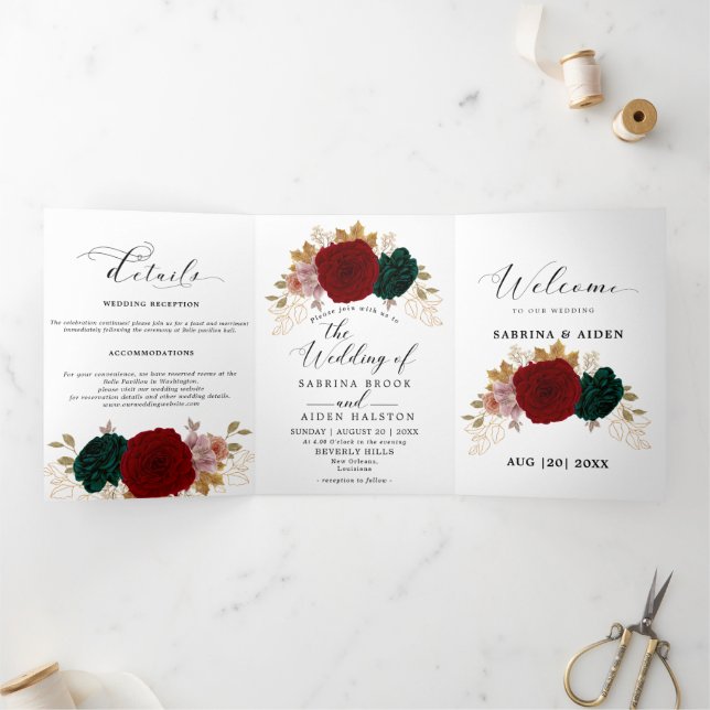 Faire-part Trois Volets Bourgogne d'or automnal Émeraude verte (Intérieur)