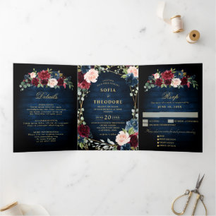 Faire-part Trois Volets Bourgogne Marine Rose Floral Or Géométrique Mariag