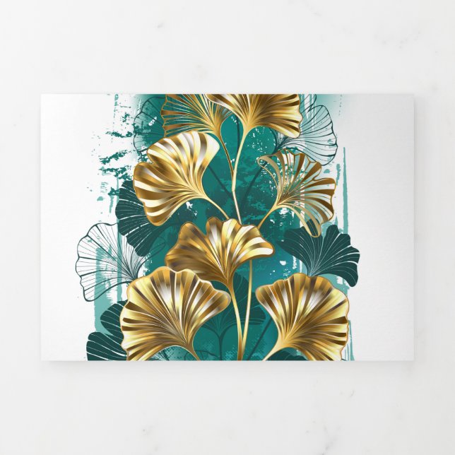 Faire-part Trois Volets Branche avec Feuilles d'or Ginko Biloba (Page de couverture)