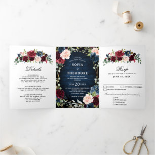 Faire-part Trois Volets Burgundy Navy Blush Floral Gold Mariage géométriqu