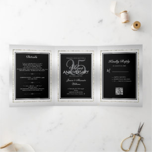 Faire-part Trois Volets Code QR pour les 25 ans de mariage Argent & Noir