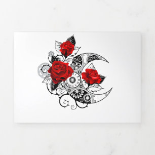 Faire-part Trois Volets Croissant mécanique avec roses rouges