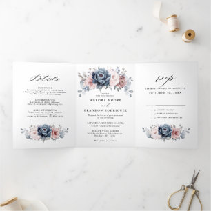 Faire-part Trois Volets Dusty Blue Mauve Rose rose ardoise Mariage floral