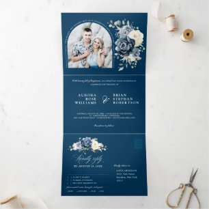 Faire-part Trois Volets Dusty Blue Navy Champagne Ivory Floral Mariage