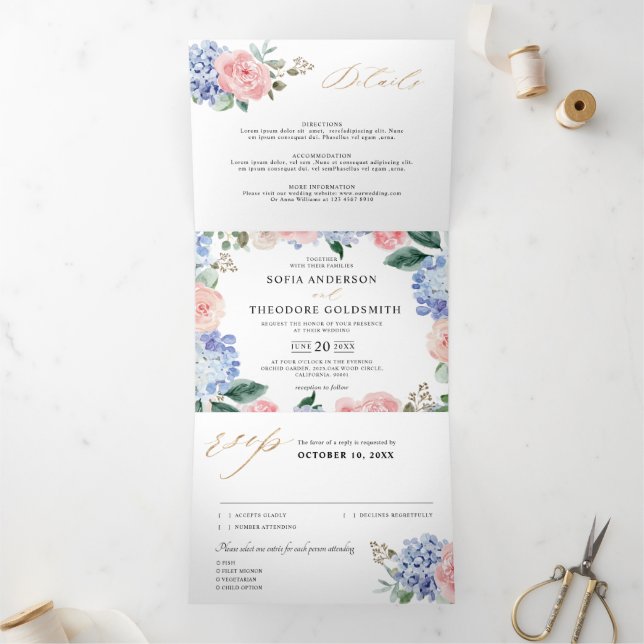 Faire-part Trois Volets Dusty Blue Pastel Pink hydrangeas Mariage Tri-Fold (Intérieur)