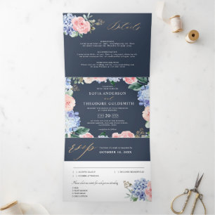 Faire-part Trois Volets Dusty Blue Pastel Pink hydrangeas Mariage Tri-Fold