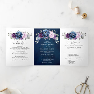 Faire-part Trois Volets Dusty Blue Purple Navy Lilac Blooms Mariage Tri-Fo