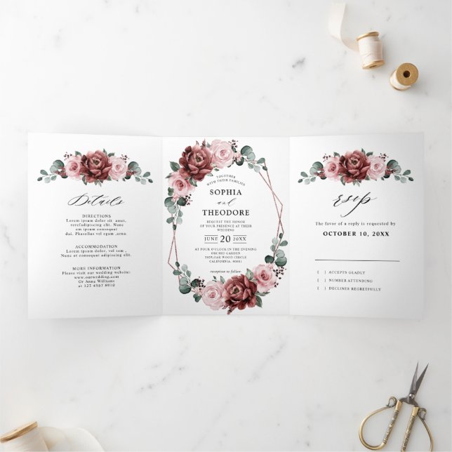 Faire-part Trois Volets Dusty rose Rose floral Mariage géométrique (Intérieur)