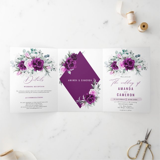 Faire-part Trois Volets Élégant Mariage géométrique violet rustique (Intérieur)