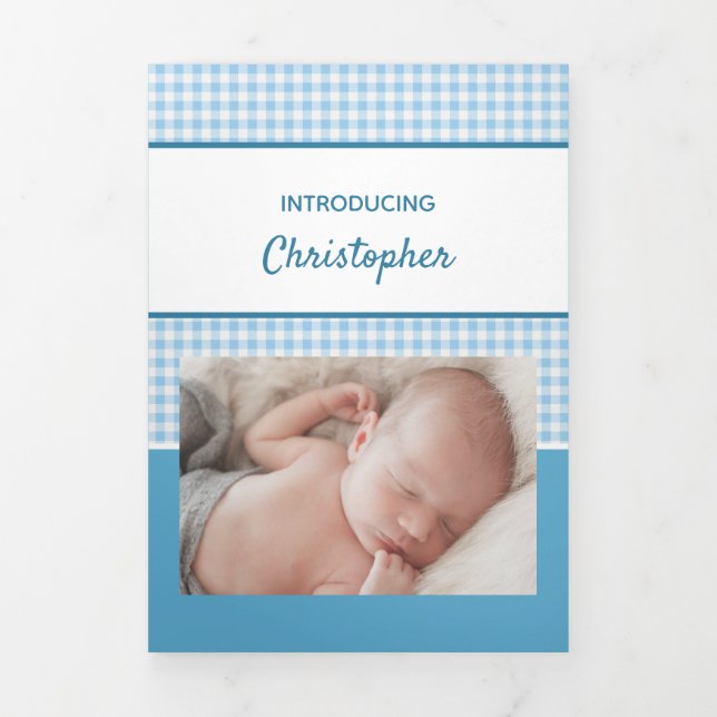 Faire-part Trois Volets en vichy photos bleu et blanc bébé garçon (Page de couverture)