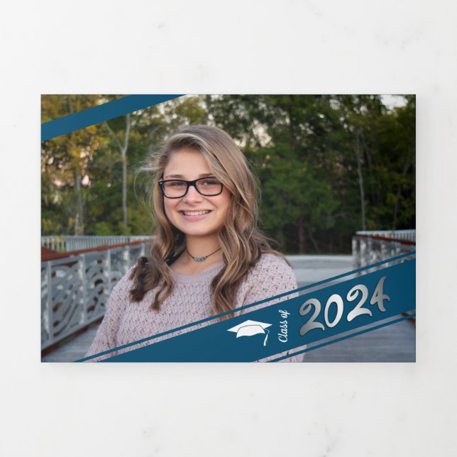 Faire-part Trois Volets Graduation Multi Photo Simple Blue Confetti 2022 (Page de couverture)