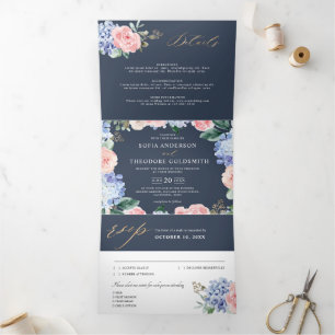 Faire-part Trois Volets Hydrangeas Bleu Pâle Rose Pastel Mariage Triptyque