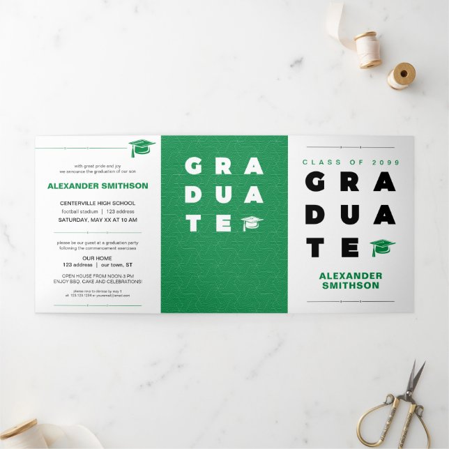 Faire-part Trois Volets Lettres de diplômes Gras Vert et Casquette (Extérieur)