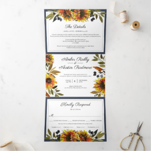 Faire-part Trois Volets Mariage bleu de la marine tournesol tous en une in