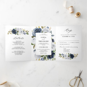 Faire-part Trois Volets Mariage botanique bleu bleu Dusty blanc