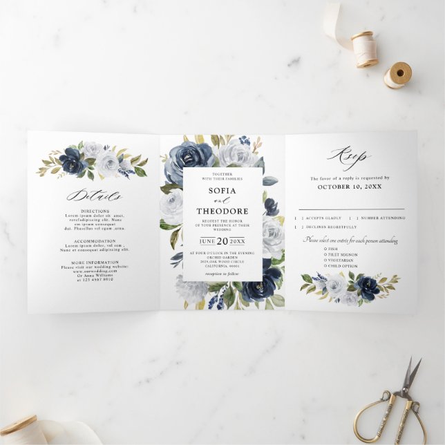 Faire-part Trois Volets Mariage botanique bleu bleu Dusty blanc (Intérieur)