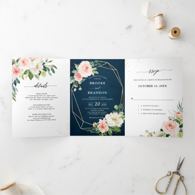 Faire-part Trois Volets Mariage Botanique Fleurs Rose Clair Navy (Intérieur)
