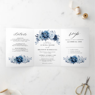 Faire-part Trois Volets Mariage botanique floral marine ardoise bleu pouss