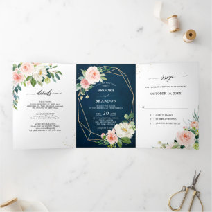 Faire-part Trois Volets Mariage Botanique Floral Rose Clair Joli Bleu Mari