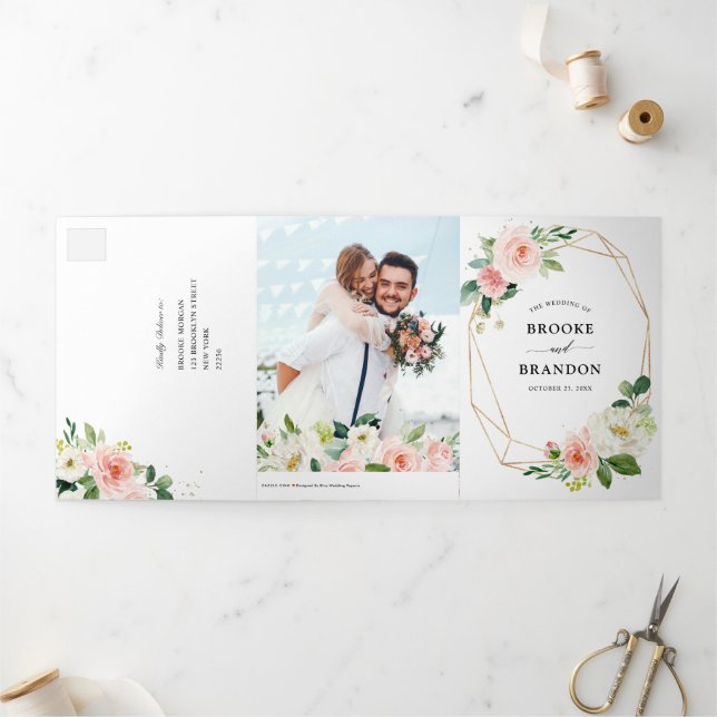 Faire-part Trois Volets Mariage Botanique Floral Rose Pâle Pastel Élégant (Extérieur)