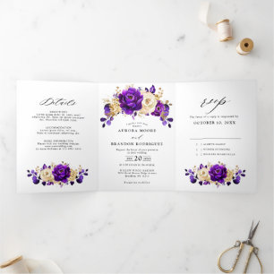 Faire-part Trois Volets Mariage Botanique Floral Violet Or Pourpre Royal