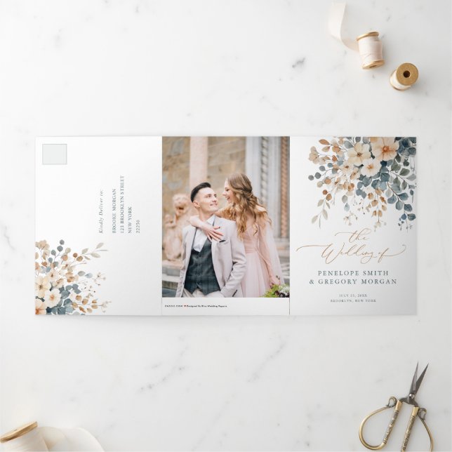Faire-part Trois Volets Mariage d'aquarelle florale moelleuse (Extérieur)