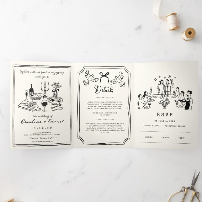 Faire-part Trois Volets Mariage Dessin à la Main Funky Écriture Manuscrite (Créateur téléchargé)