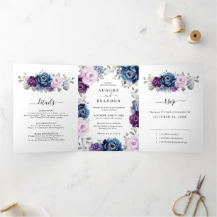 Faire-part Trois Volets Mariage Fleurs de Lilas Bleu Poussiéreux Navy Lila