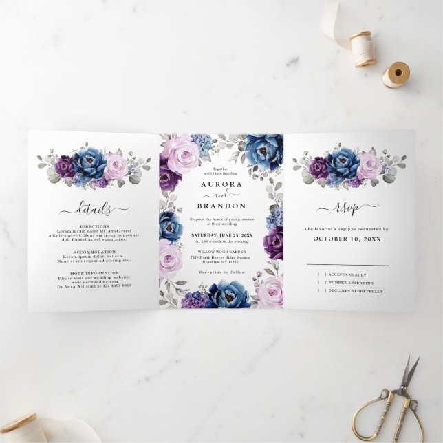 Faire-part Trois Volets Mariage Fleurs de Lilas Violet Bleu Poussiéreux Nu (Intérieur)