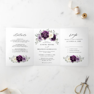 Faire-part Trois Volets Mariage floral blanc blanc blanc blanc de prune d'