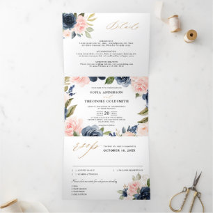 Faire-part Trois Volets Mariage floral bleu bleu bleu roux rose
