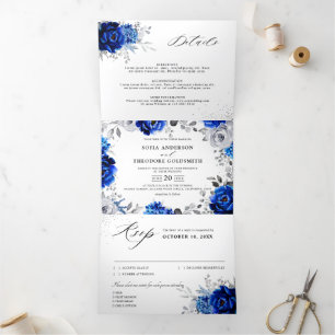 Faire-part Trois Volets Mariage Floral Bleu Royal Blanc Argent Métallisé T